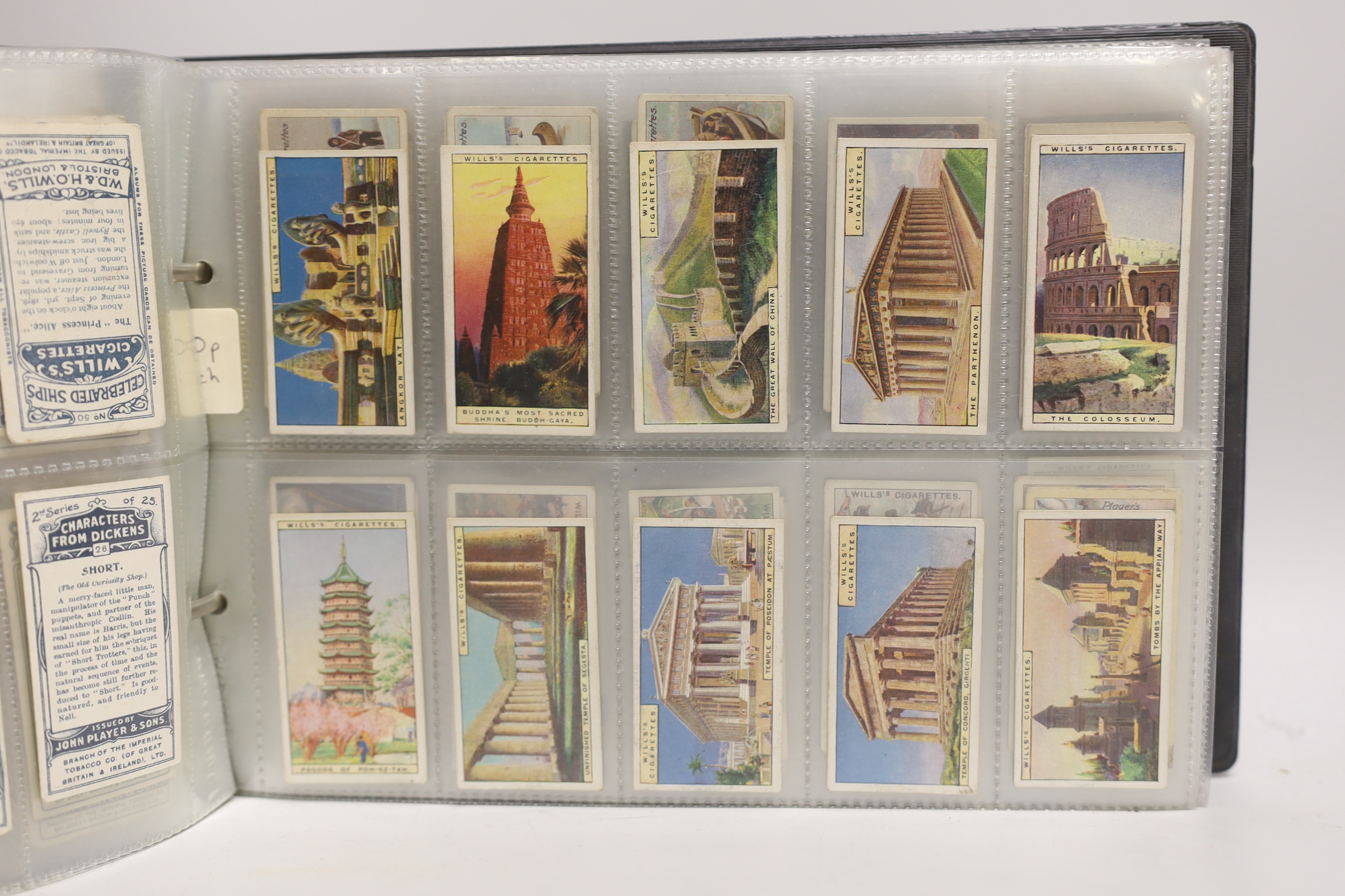 A collection of cigarette cards, some arranged in albums including Wills